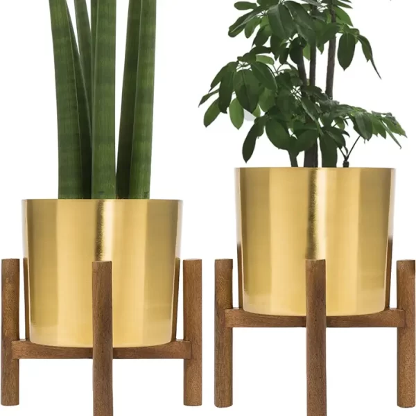 Mid Century Gold Planter with Stand, 7 Inch Flower Pot