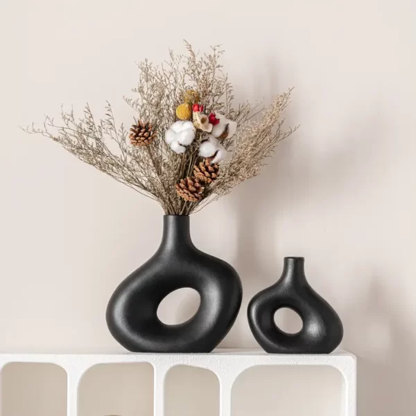 Black Ceramic Nordic Modern Totem Donut Vases