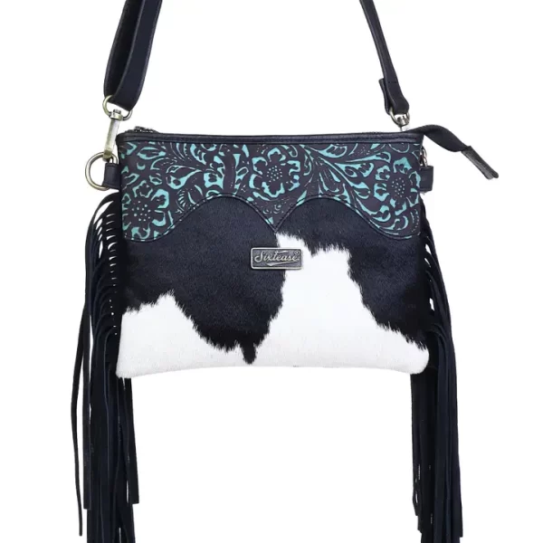 Leather Cowhide Fringed Women Sling - Black Turqoise Floral