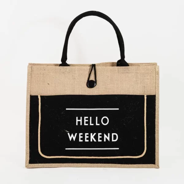 Hello Weekend Burlap Tote Bag