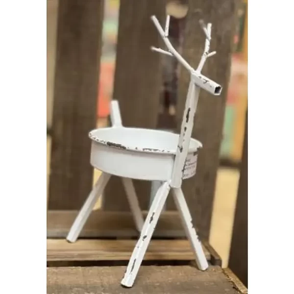 White Distressed Deer Candle Holder Small