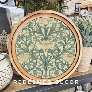 8" Round Blue Cream Floral Art