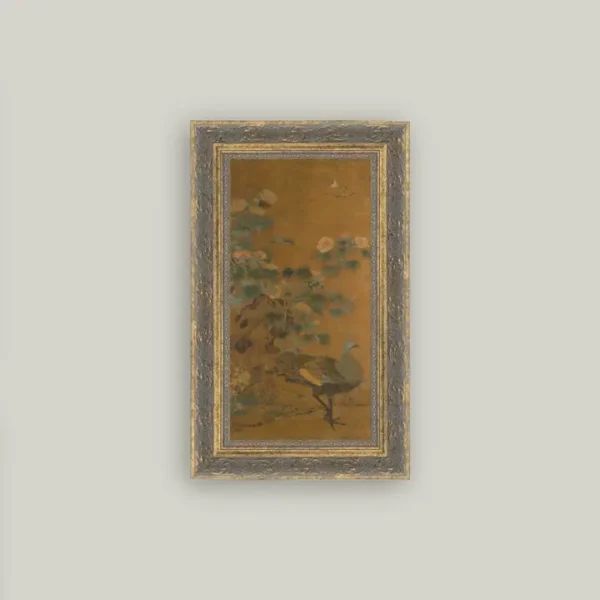 Peacock and Hollyhocks Framed Antique Art