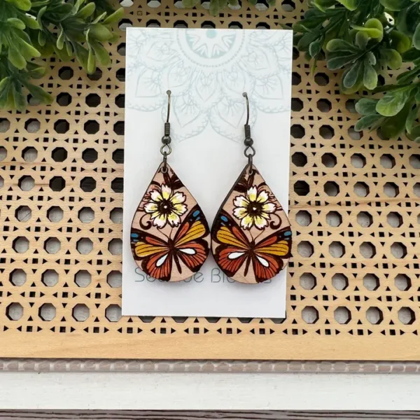 Butterfly Hand Painted Lightweight  Maple Wood Earrings