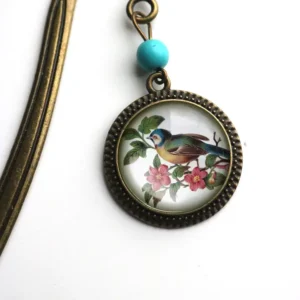 Bluebird Cottage Core Glass Cabochon Bronze Bookmark