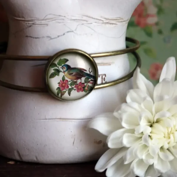 Bluebird Cottage Core Glass Cabochon Cuff Bracelet