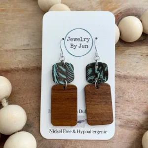 Wood Rectangle: Turquoise & Brown Tooled Earrings
