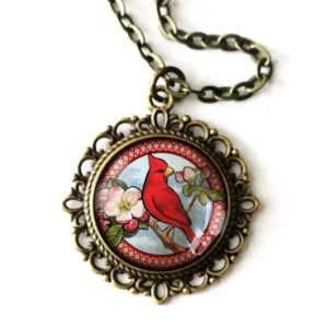 Cardinal Bird Vintage Inspired Ornate Pendant Necklace