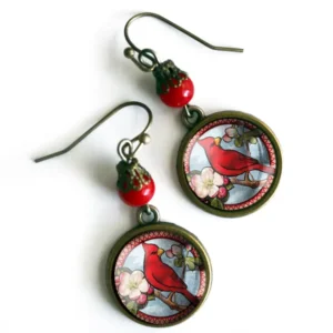 Cardinal Bird Vintage Inspired Glass Cabochon Earrings