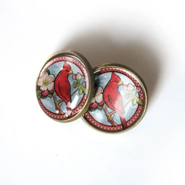 Cardinal Bird Vintage Inspired Glass Cabochon Stud Earrings