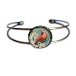 Vintage Cardinal Glass Cabochon Cuff Bracelet