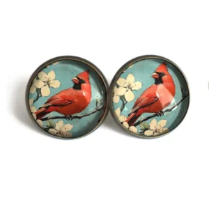 Vintage Cardinal Glass Cabochon Stud Earrings