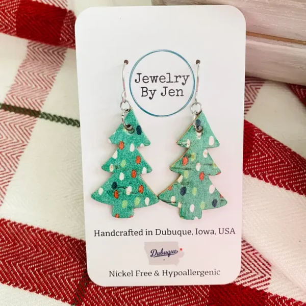 Christmas Tree Earrings: Green W/Dots