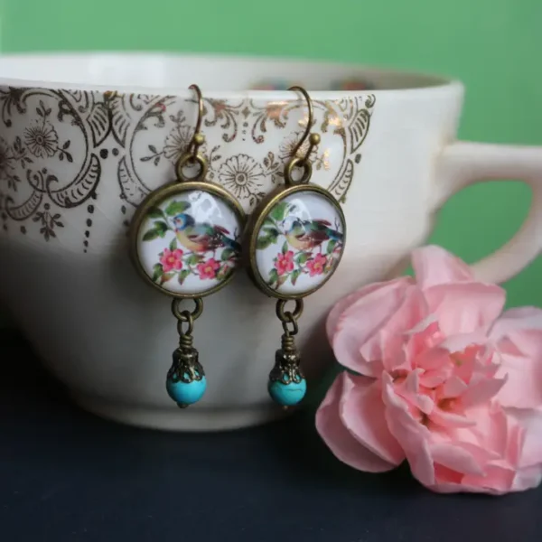 Bluebird Cottagecore Glass Cabochon and Bronze Earrings