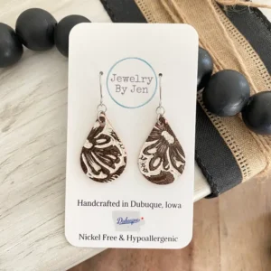 Small Teardrop Earrings: Cream & Brown Tooled