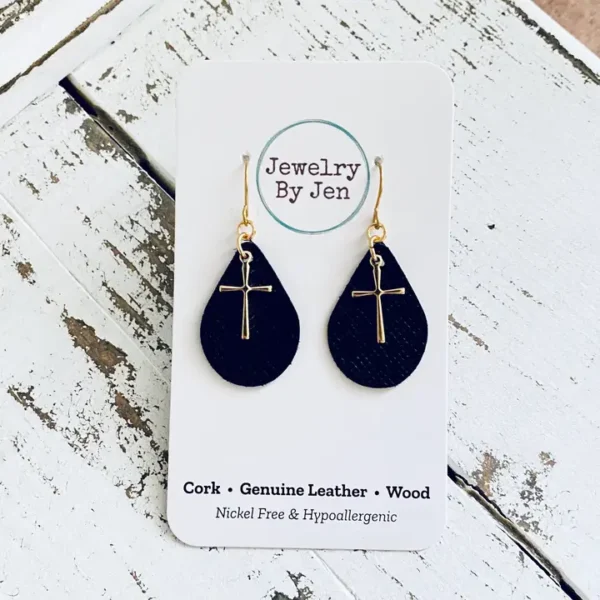 Small Teardrop Earrings: Black W/Gold Cross Charm