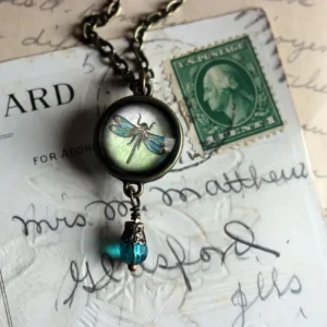 Dragonfly Vintage Inspired Glass Cabochon Necklace W/Bead