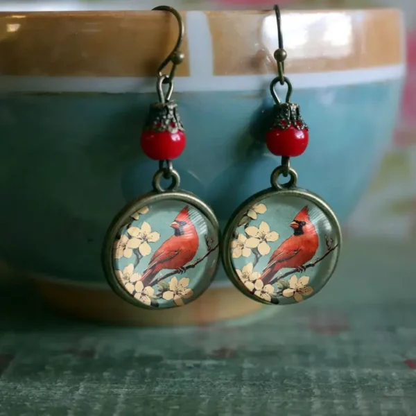 Vintage Cardinal Glass Cabochon Earrings
