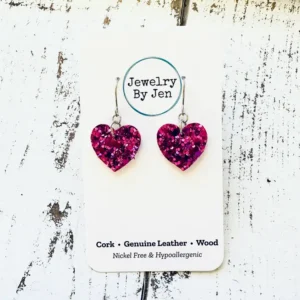 Heart Earrings (Mini): Fuchsia Glitter