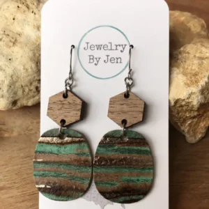 Wood Hexagon W/Aqua Bronze Earrings