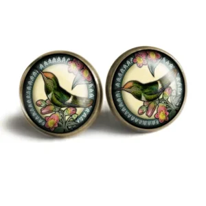 Hummingbird Vintage Inspired Glass Cabochon Stud Earrings