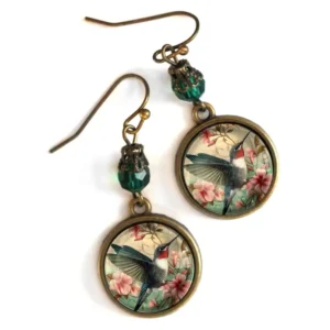 Hummingbird Art Nouveau Glass Cabochon Earrings