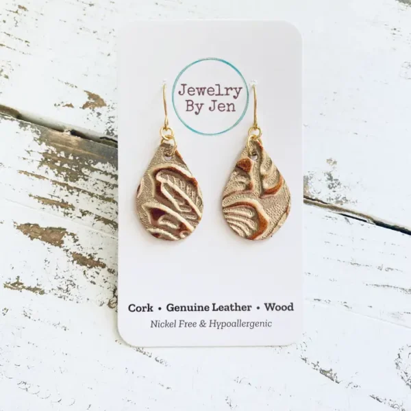 Small Teardrop Earrings: Light Gold & Copper Metallic Tooled