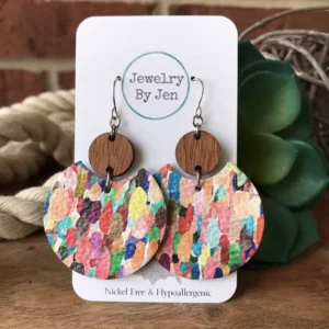Luna Earrings: Cherry Wood Round & Confetti Splash