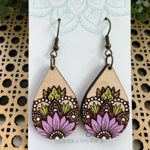 Mandala Sunflower Purple Hand Painted Wood Earrings