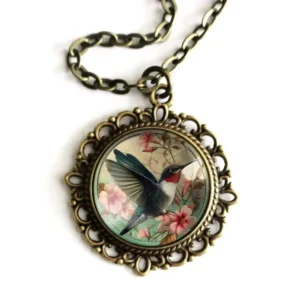 Hummingbird Art Nouveau Glass Cabochon Ornate Necklace