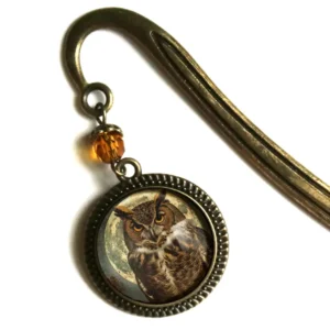 Victorian Owl Bronze and Glass Cabochon Bookmark