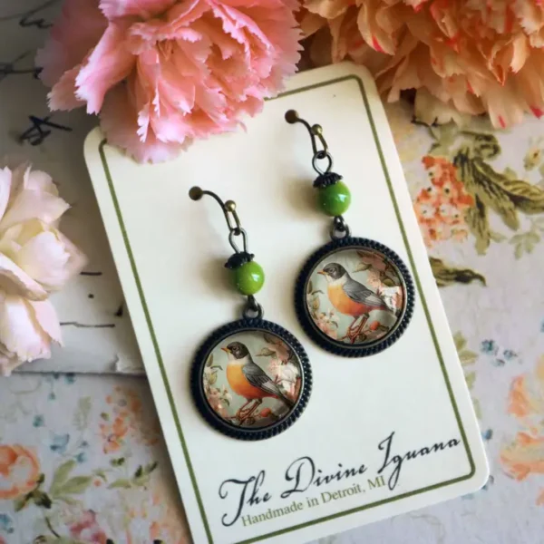 Vintage Robin Bird Vintage Inspired Glass Cabochon Earrings