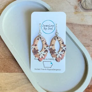 Scalloped Teardrop Earrings (Medium): Brown Floral