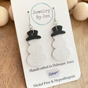 Snowman Earrings: White Fine Glitter W/Black Leather Hat