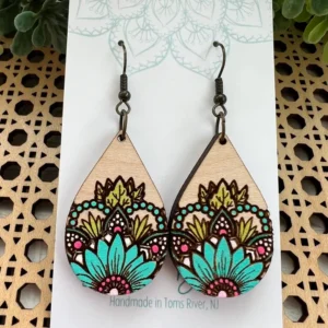 Sunflower Turquoise Mandala Wood Hand Painted Earrings