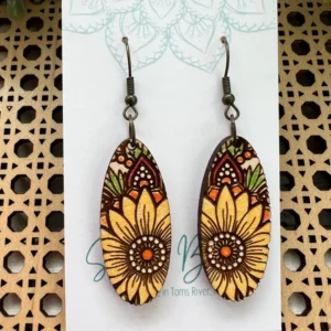 Sunflower Mandala Hand Painted Lightweight Wood Earrings