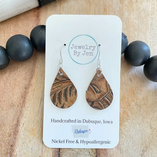 Small Teardrop Earrings: Brown Western Tooled