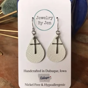 Small Teardrop Earrings: White W/Cross Charm