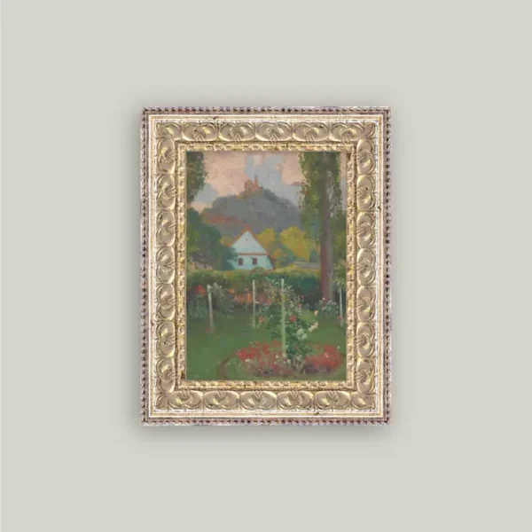Cottage Under the Castle Framed Antique Art