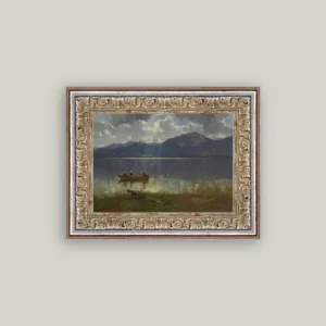 Fishermen On Lake Framed Antique Art