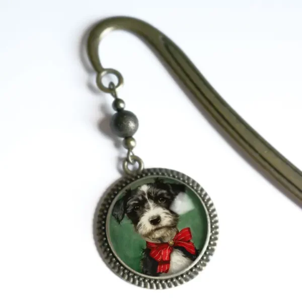 Terrier in Red Bow Bronze and Glass Christmas Puppy Bookmark