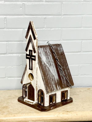 Hanging wood cathedral church birdhouse