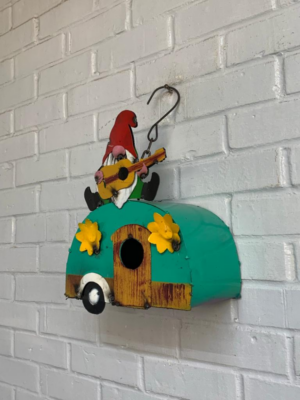 Hanging gnome with guitar on camper birdhouse