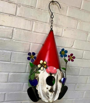 Gnome with flowers hanging birdhouse