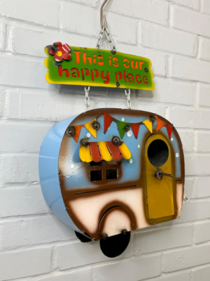This is our happy place camper hanging birdhouse