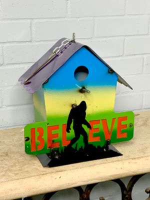 Believe hanging birdhouse with Bigfoot