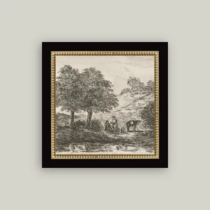Landscape with Family Under Tree Framed Antique Art