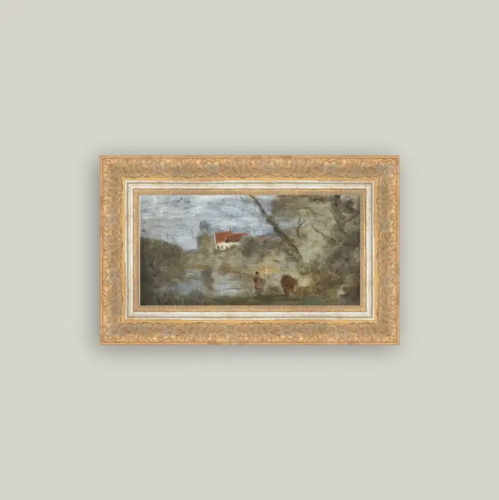 Cowherd By the Pond Framed Antique Art