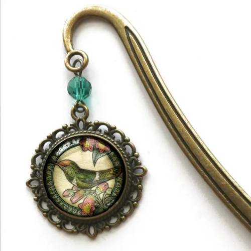 Hummingbird Vintage Inspired Glass Cabochon Bronze Bookmark