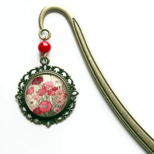 Pink and Red Poppies Cottagecore Bronze and Glass Bookmark